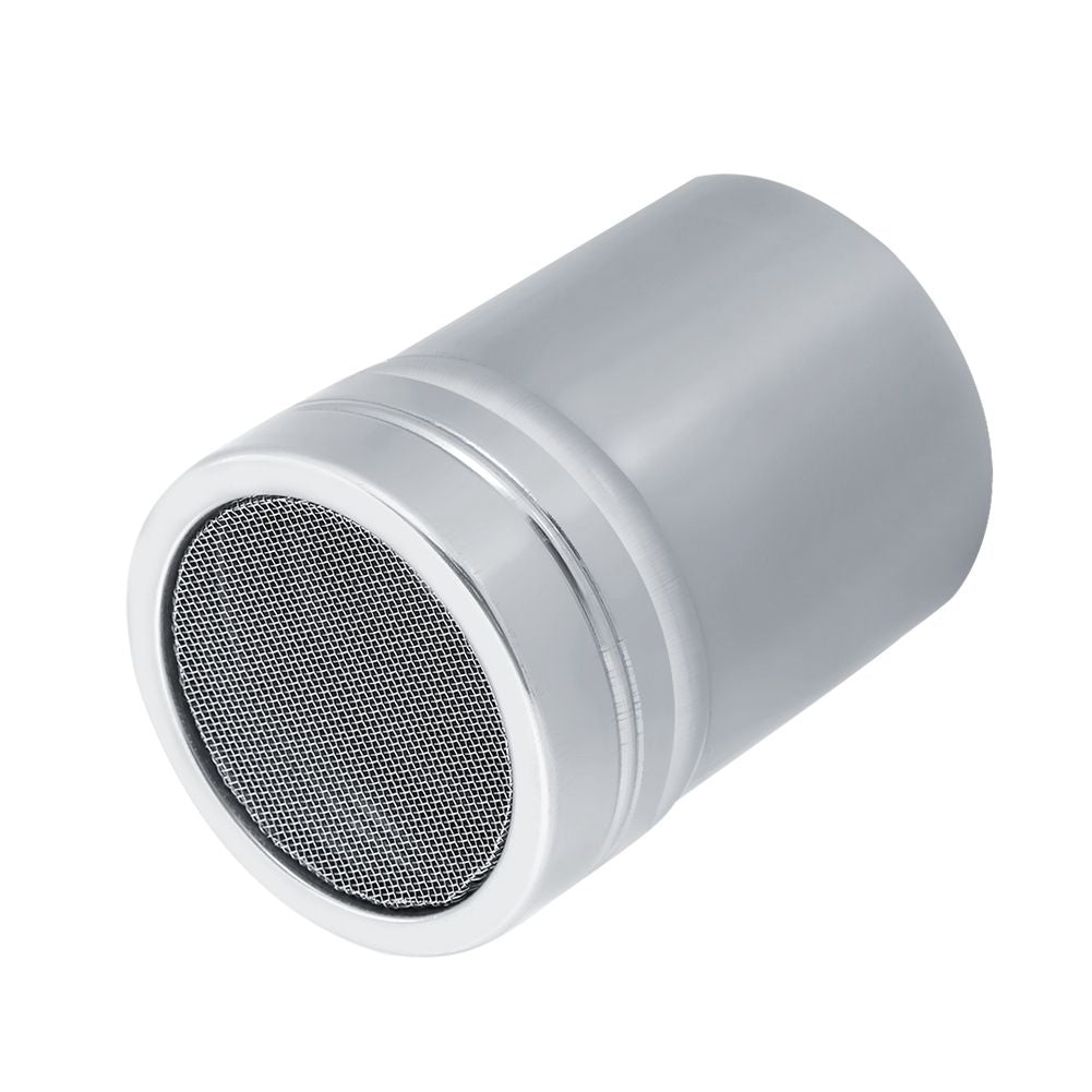 Stainless steel cocoa powder shaker with handle and lid, ideal for evenly sprinkling chocolate and icing sugar.