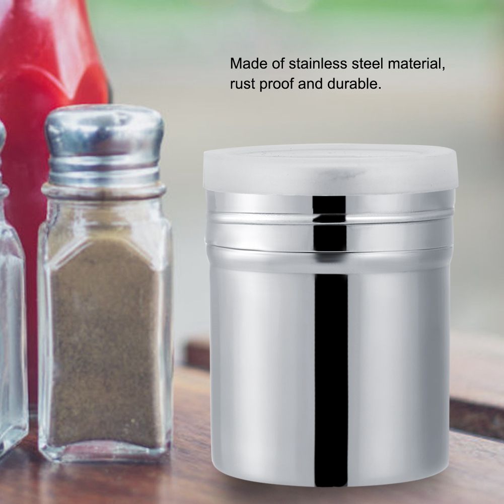Stainless steel cocoa powder and icing sugar shaker for baking, featuring a compact design suitable for kitchen use.