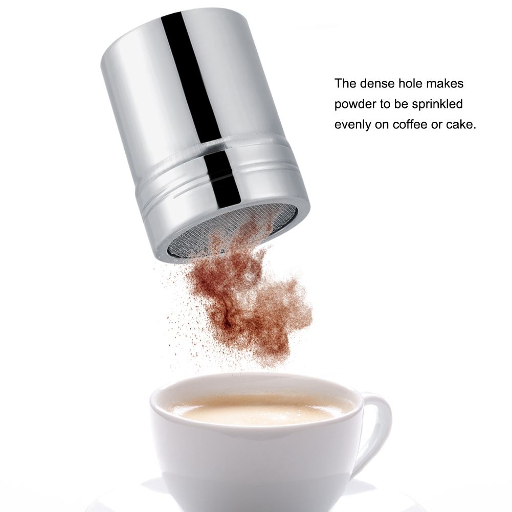 Stainless steel cocoa powder shaker for chocolate and icing sugar, designed for kitchen use, part of Everything Baby’s feeding accessories.