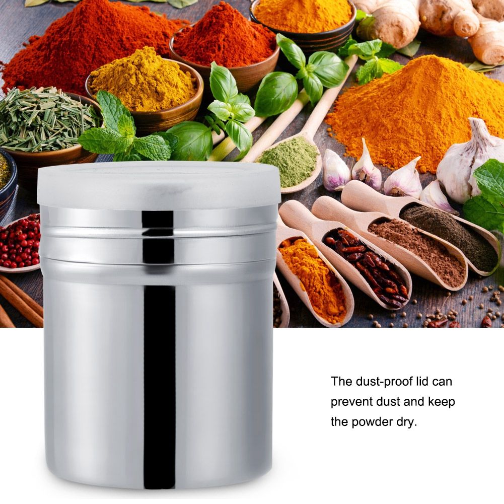 Stainless steel cocoa powder shaker and sifter for baking, displayed with chocolate icing sugar in a kitchen setting.