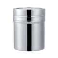 Stainless steel cocoa powder and sugar shaker for baking, designed for kitchen use, with a compact size and easy squeeze top.