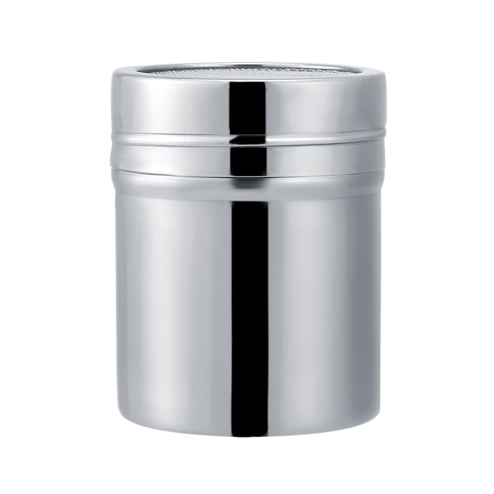 Stainless steel cocoa powder and sugar shaker for baking, designed for kitchen use, with a compact size and easy squeeze top.