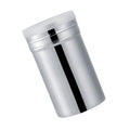Stainless steel cocoa powder shaker with handle and lid, used for sifting chocolate and icing sugar in baking and cooking.