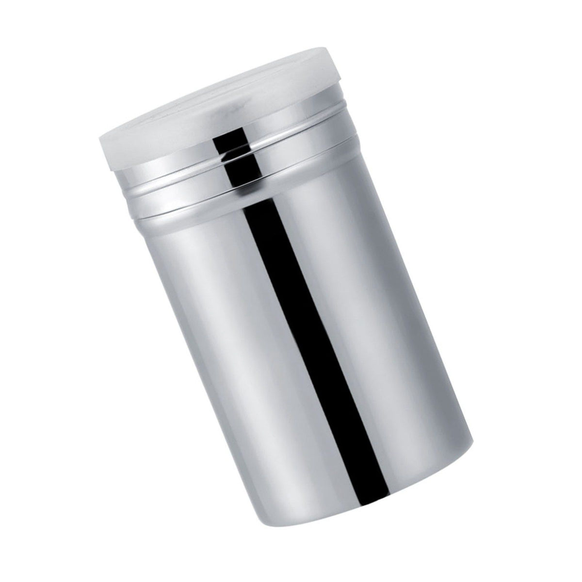Stainless steel cocoa powder shaker with handle and lid, used for sifting chocolate and icing sugar in baking and cooking.