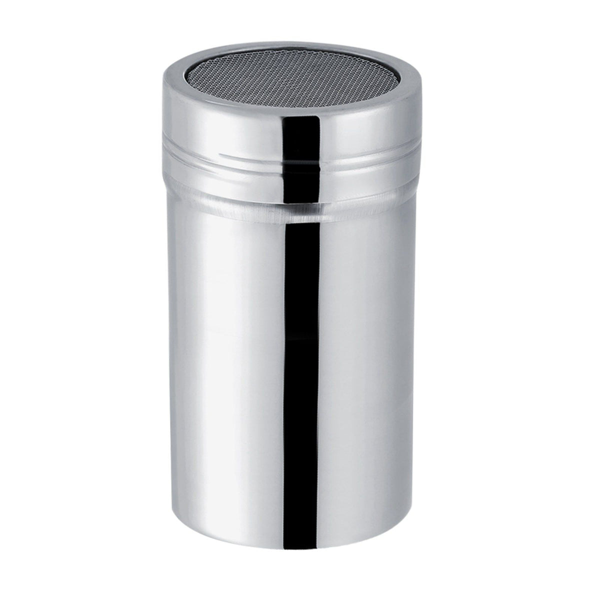 Stainless steel cocoa powder and sugar shaker for baking, with a large size, designed for easy sifting and sprinkling.