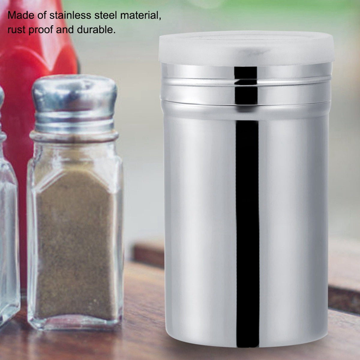 Stainless steel cocoa powder shaker for chocolate and icing sugar, large size, suitable for baking and decorating.