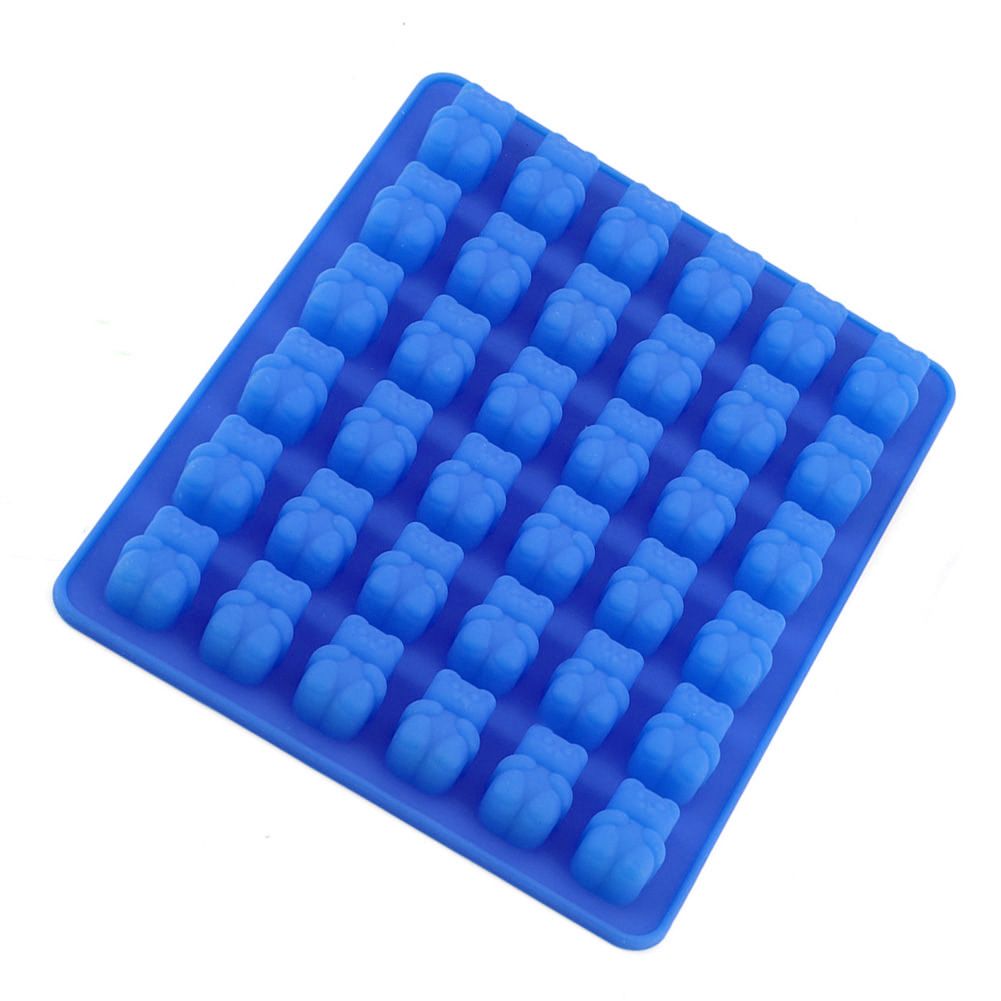 Dark blue silicone bear-shaped ice cube mold tray for baby feeding, suitable for ice, chocolate, and small treats.