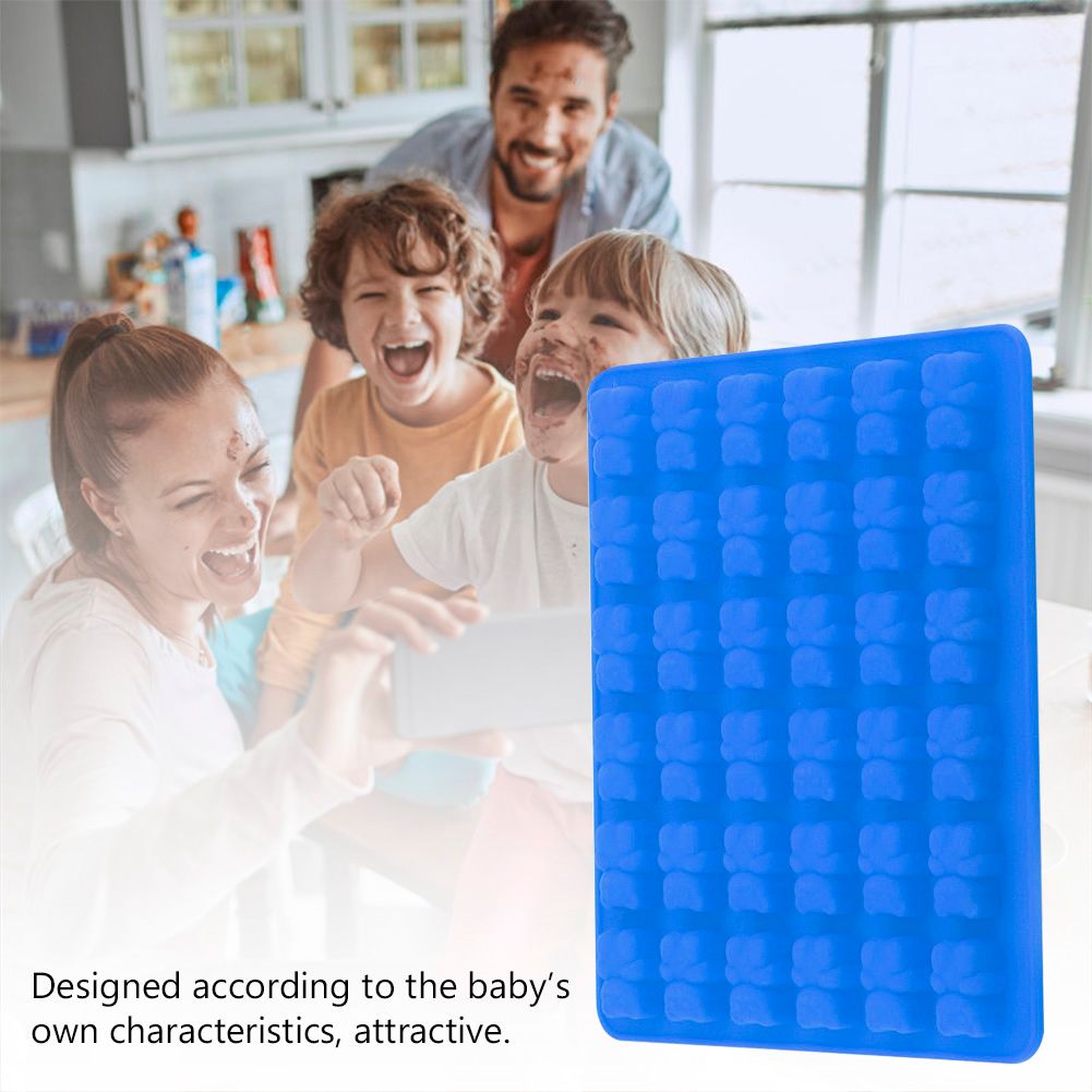 Dark blue silicone bear-shaped ice cube mold tray for baby feeding, suitable for ice, chocolate, or ice cream.