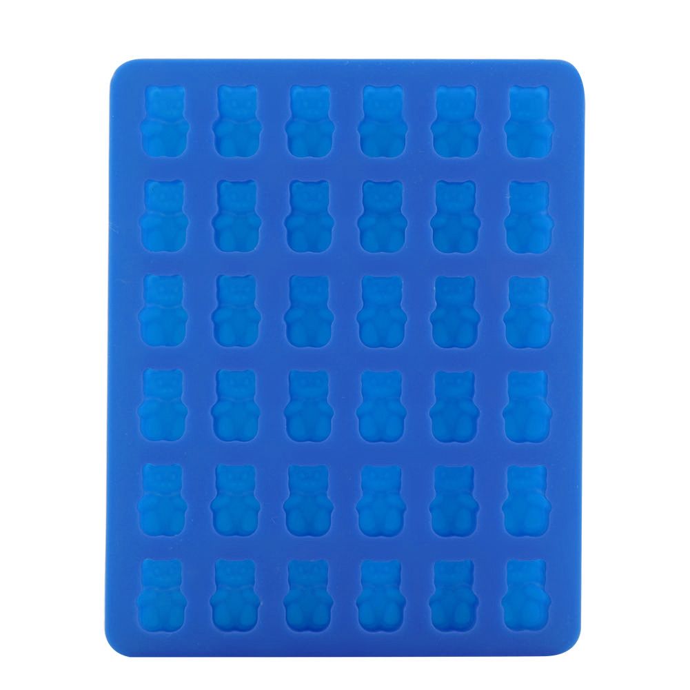 Dark blue bear-shaped silicone ice cube mold tray with dropper for baby feeding, suitable for ice, chocolate, or ice cream.