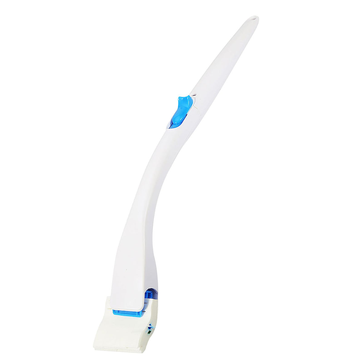 Disposable toilet brush with replaceable detergent head, designed for easy cleaning in home bathrooms.