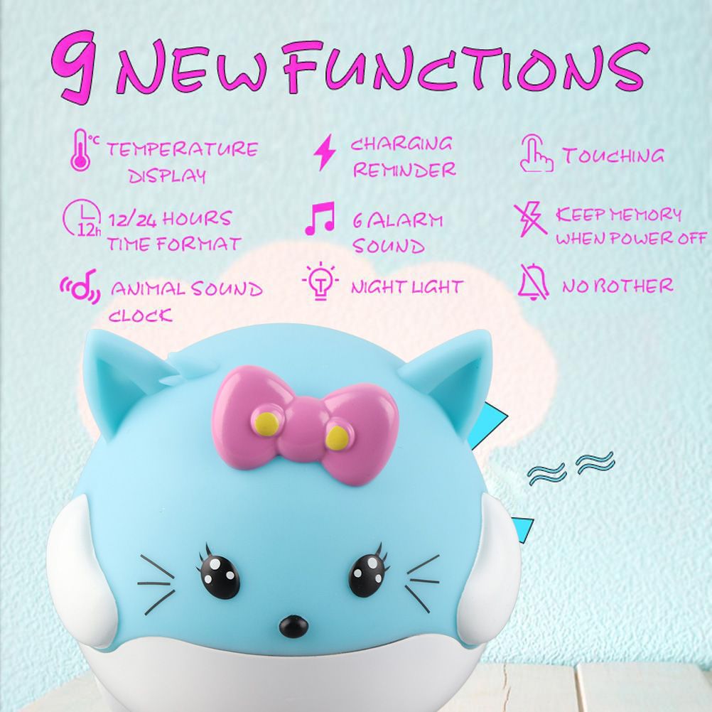 Kids alarm clock with snooze function from Everything Baby, designed for children, featuring colorful display and playful design.