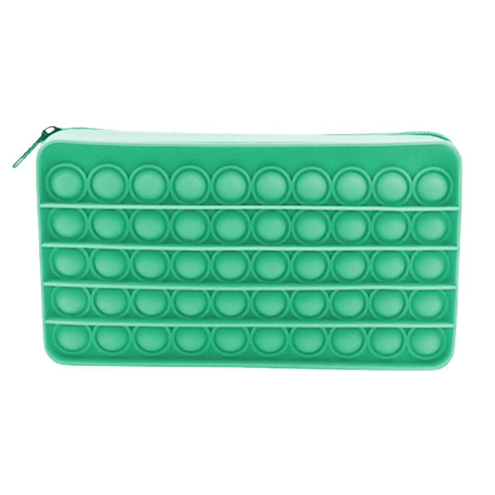 Mint green silicone bubble toy pencil case for kids, doubles as sensory decompression toy and stationery storage bag.