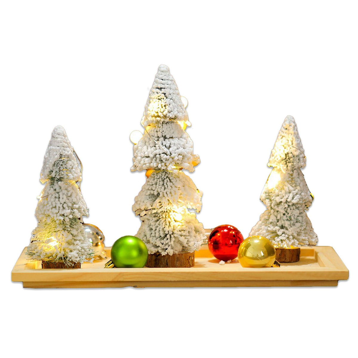Mini artificial Christmas trees with white towers on wooden trays, suitable for holiday decor and craft displays.