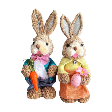 25CM Easter Standing Bunny Couple Figurines Handmade Straw Rabbit Statues for Home Table Garden Decor Couple Style 1