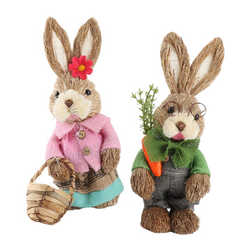 25CM Easter Standing Bunny Couple Figurines Handmade Straw Rabbit Statues for Home Table Garden Decor Couple Style 2