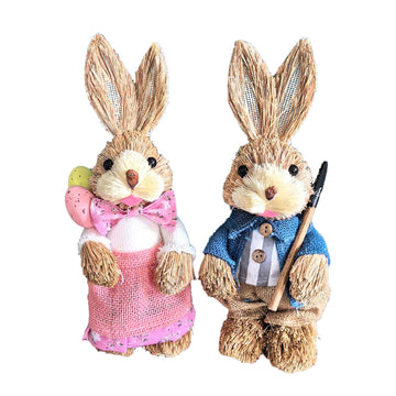 25CM Easter Standing Bunny Couple Figurines Handmade Straw Rabbit Statues for Home Table Garden Decor Couple Style 3