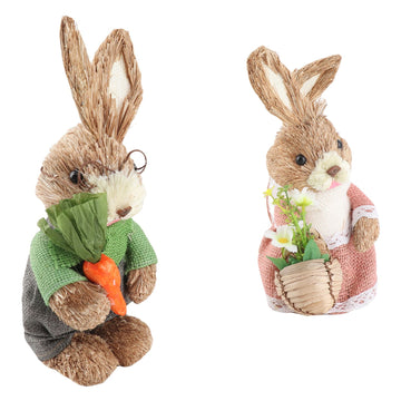 25CM Easter Standing Bunny Couple Figurines Handmade Straw Rabbit Statues for Home Table Garden Decor Couple Style 4