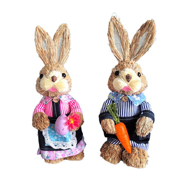 25CM Easter Standing Bunny Couple Figurines Handmade Straw Rabbit Statues for Home Table Garden Decor Couple Style 5