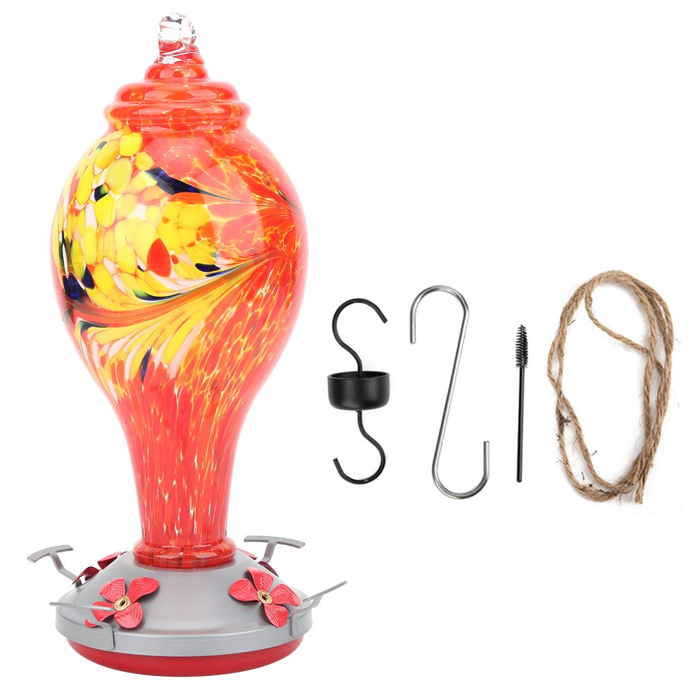 Colorful glass bird feeder with hummingbird design for gardens and outdoor use, perfect for attracting birds and enhancing outdoor décor.