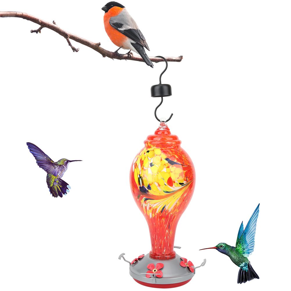 Colorful glass bird feeder with hummingbird design, suitable for garden outdoor use, featuring water feeding tool from Everything Baby.