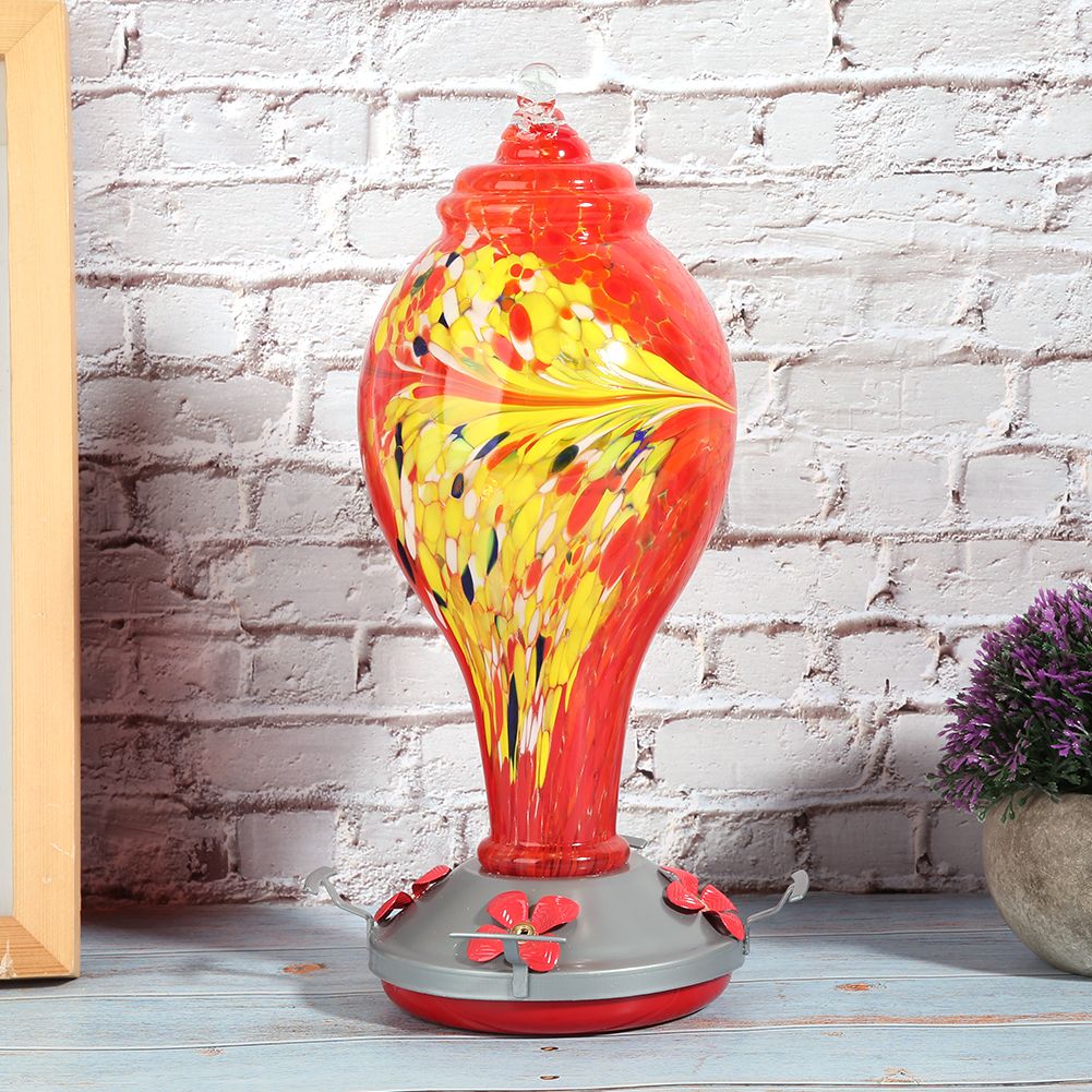 Colorful glass bird feeder with vibrant design, bird-shaped water feeding tool for outdoor garden and courtyard hummingbird visits
