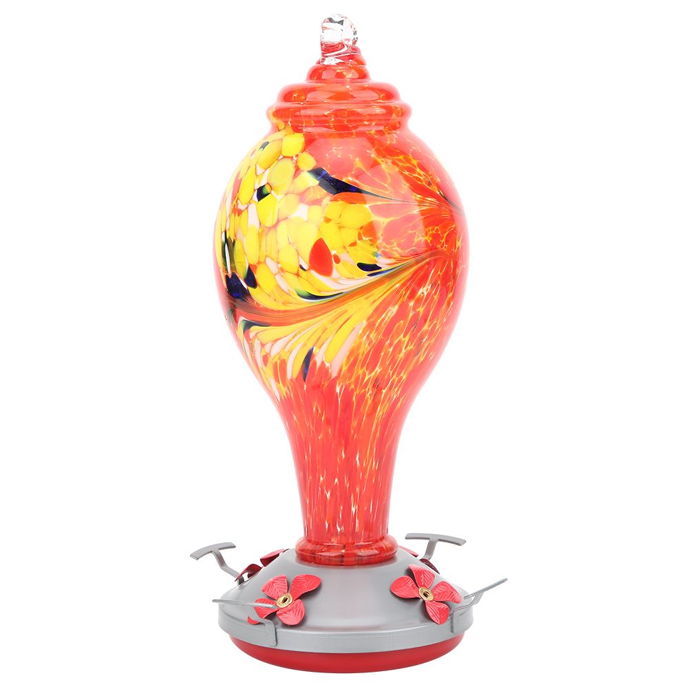 Colorful glass bird feeder with hummingbird design for gardens and outdoor play, perfect for water feeding and attracting birds.