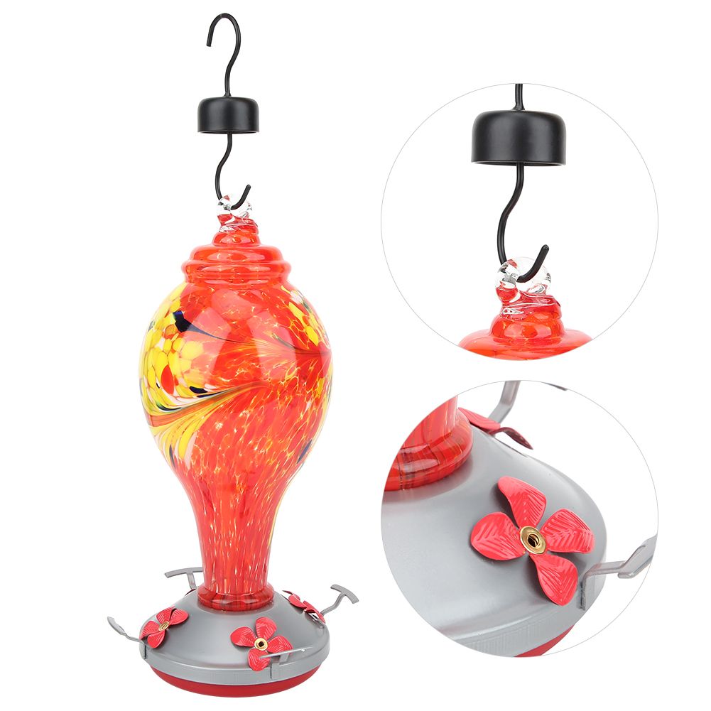 Colorful glass bird feeder with hummingbird design, outdoor garden water feeding tool, suitable for garden and courtyard decoration.