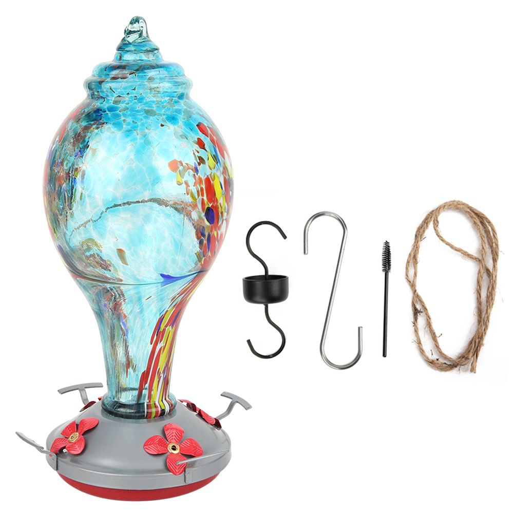 Colorful glass bird feeder with hummingbird design for outdoor gardens, featuring water feeding tools and vibrant colors.