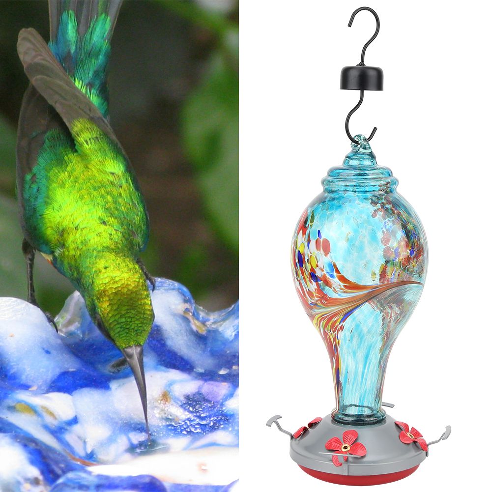 Colorful glass bird feeder with hummingbird design, outdoor garden water feeding tool, suitable for birdwatching and garden decor.
