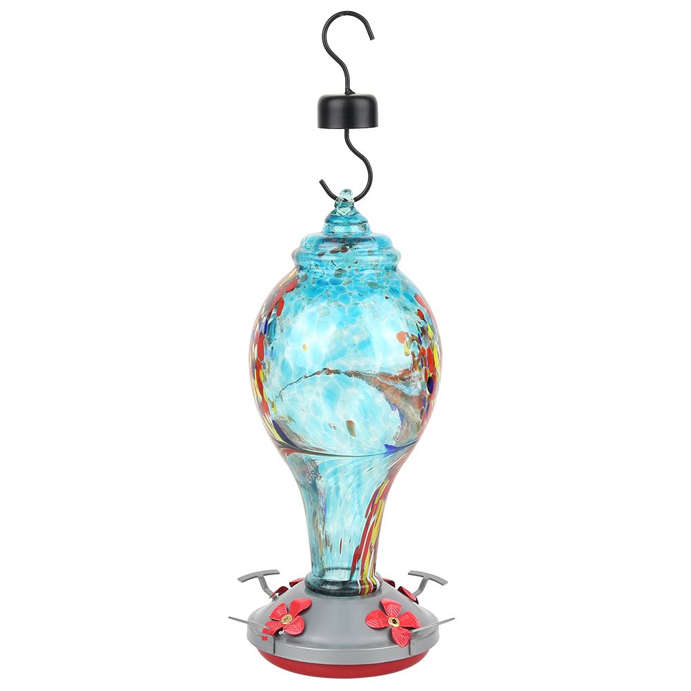Colorful glass bird feeder with vibrant design, suitable for outdoor gardens, attracting hummingbirds and garden birds.