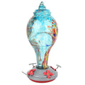 Colorful glass bird feeder with hummingbird design, suitable for garden outdoor use, featuring water feeding tool for birds.