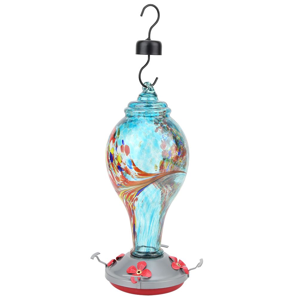 Colorful glass bird feeder with hummingbird design for outdoor gardens and courtyards, perfect for attracting birds.