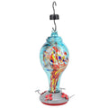 Colorful glass bird feeder with hummingbird design, outdoor garden water feeding tool, suitable for bird watching and outdoor play.