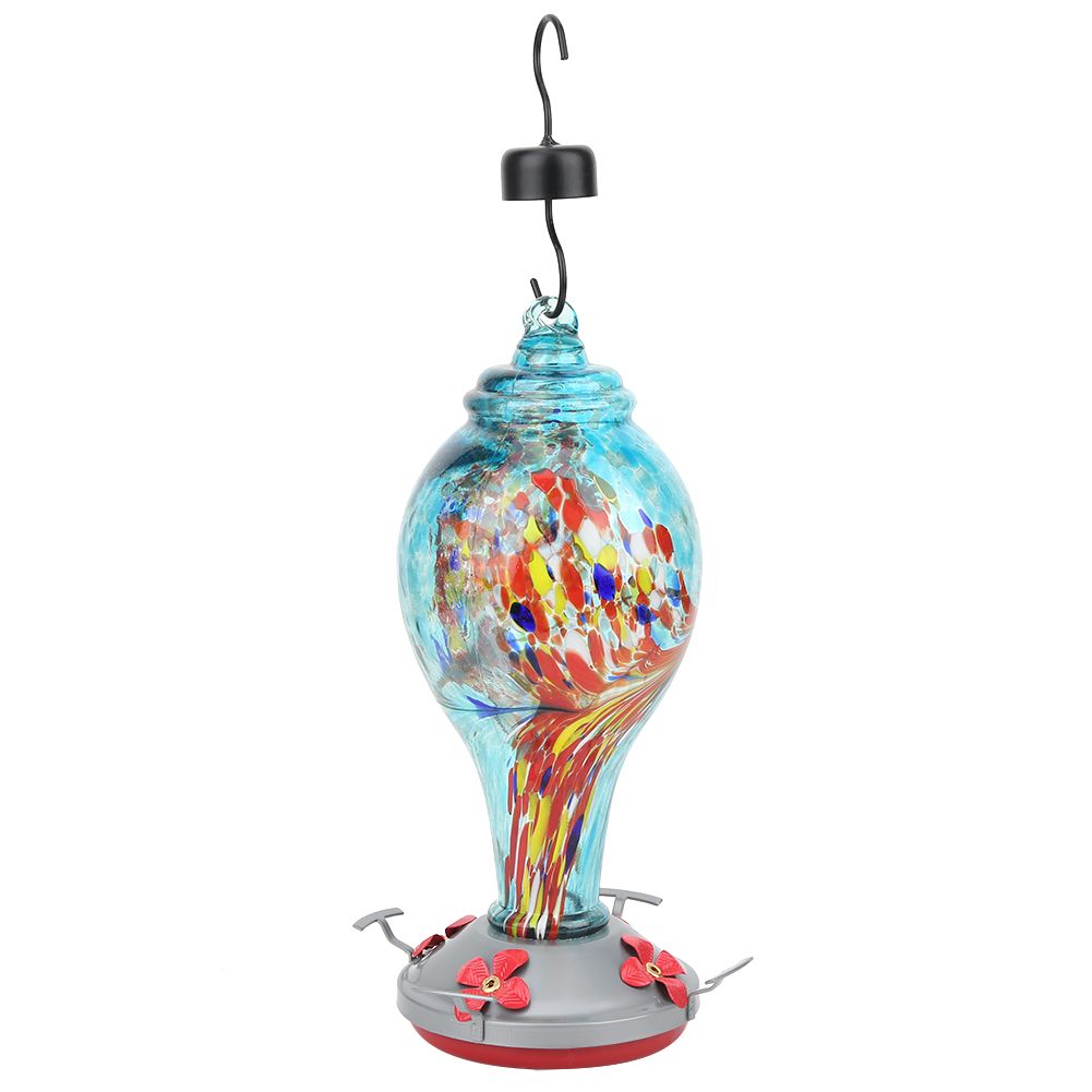 Colorful glass bird feeder with hummingbird design, outdoor garden water feeding tool, suitable for bird watching and outdoor play.