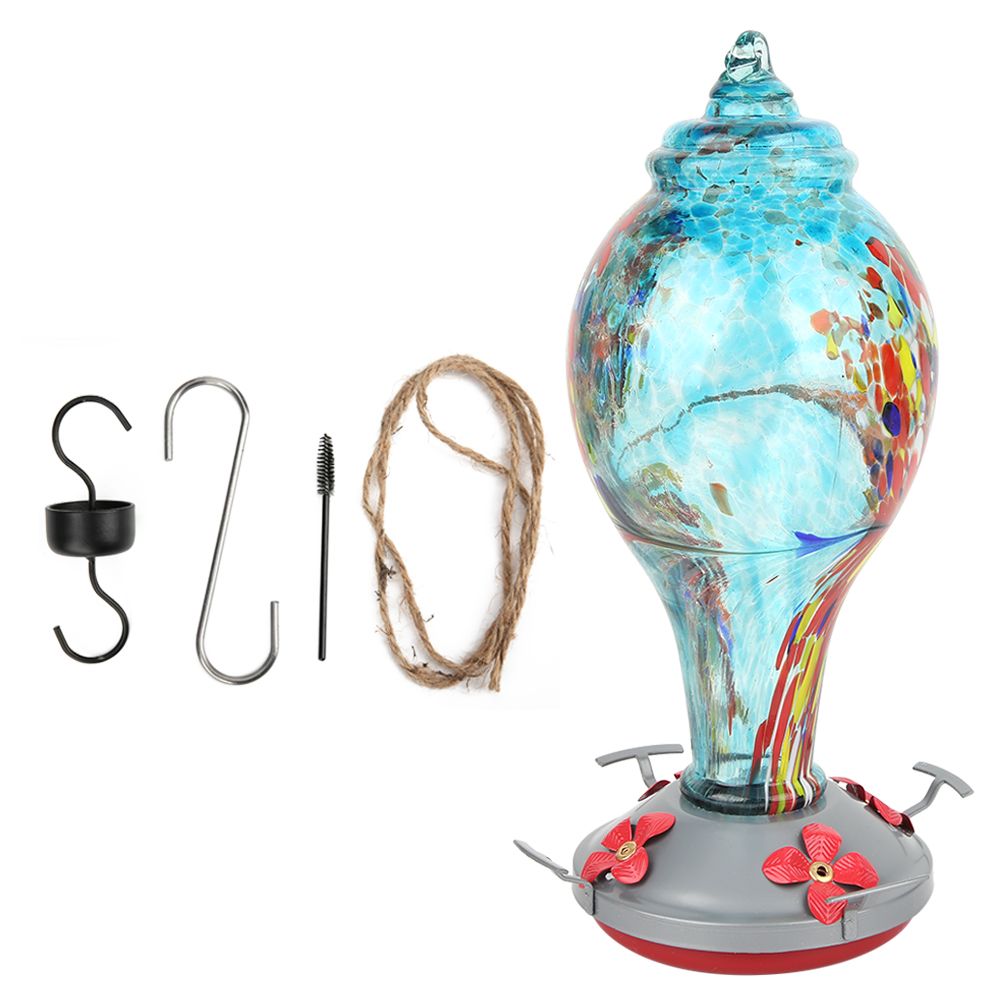 Colorful glass bird feeder with hummingbird design, suitable for garden outdoor use, featuring a water feeding tool and vibrant colors.