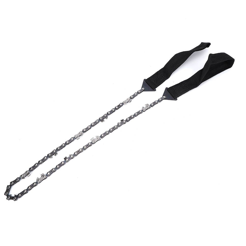 Portable survival chain saw for outdoor camping and hiking, compact hand tool for emergency garden and outdoor play activities.