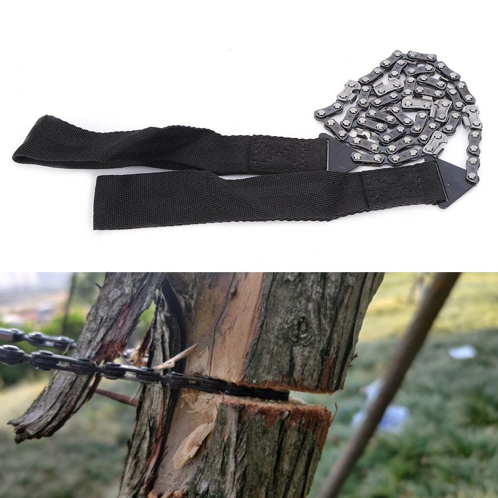 Portable survival chain saw for outdoor camping and hiking, compact hand tool suitable for emergency outdoor and garden use.