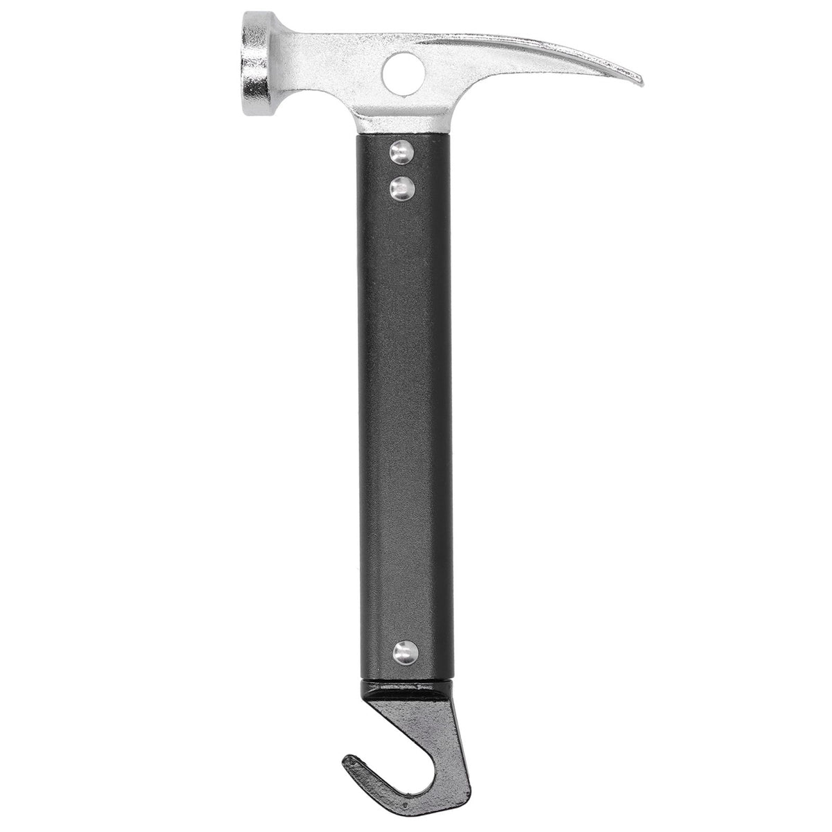 Mini aluminum camping mallet and tent stake puller for outdoor use, portable tool for removing tent stakes and pegs.
