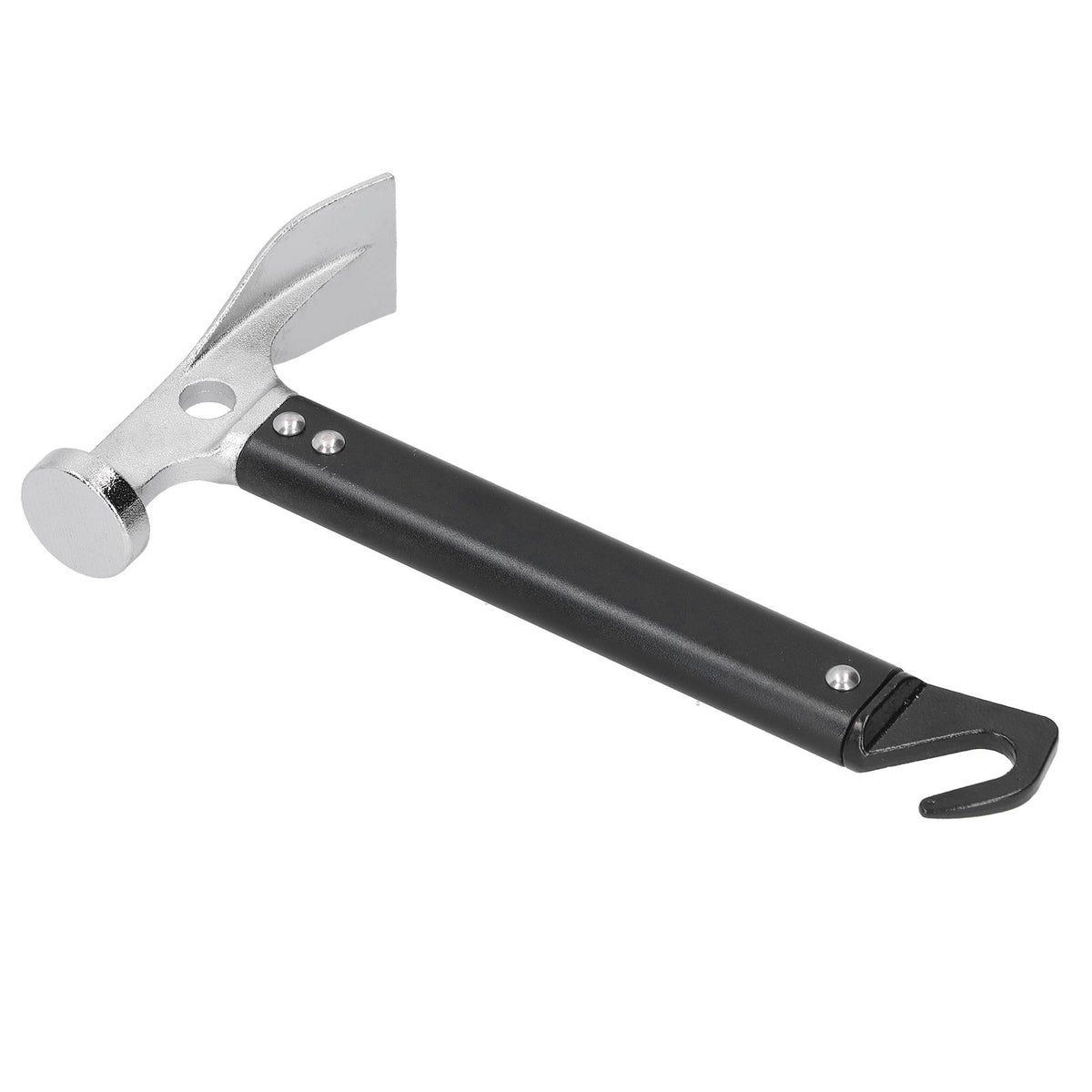 Portable aluminum camping mallet and tent stake puller, outdoor tool for removing tent pegs, compact and lightweight for camping trips.
