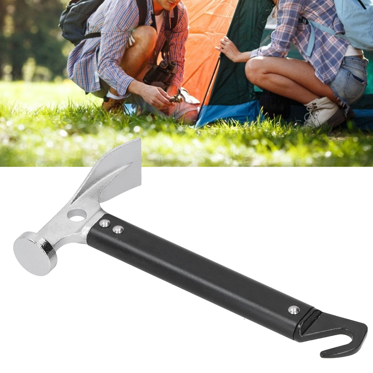 Aluminum camping mallet and tent stake puller with a compact design, suitable for outdoor camping and tent setup.