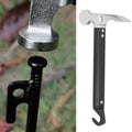 Aluminum alloy camping mallet and tent stake puller hammer, portable outdoor tool for removing tent pegs during camping trips.