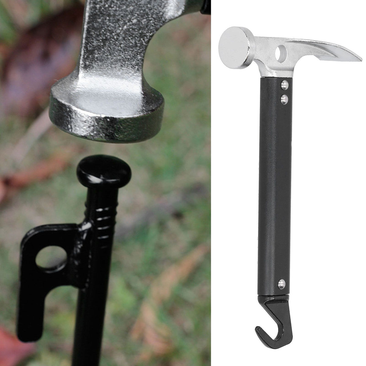 Aluminum alloy camping mallet and tent stake puller hammer, portable outdoor tool for removing tent pegs during camping trips.
