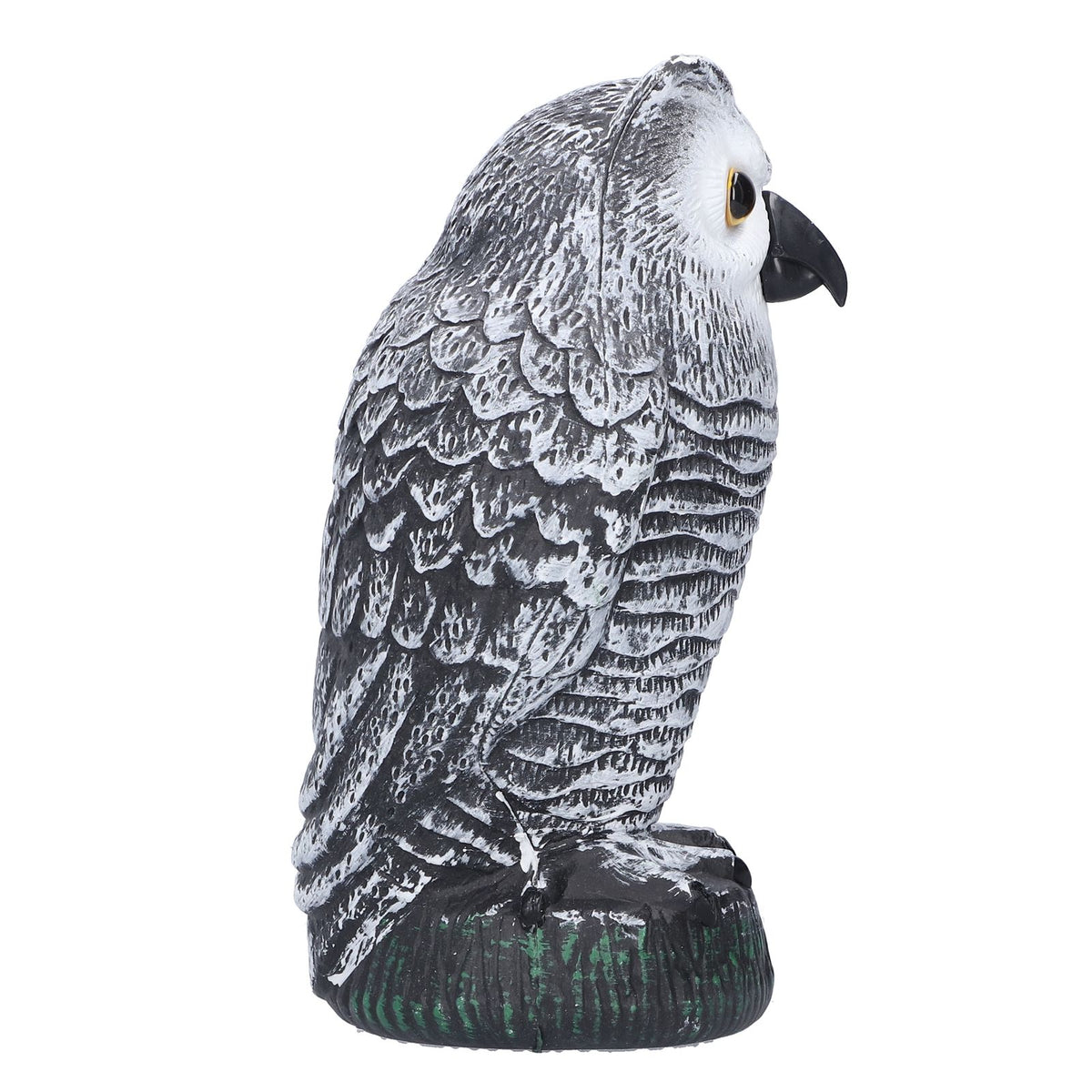 Plastic hunting fake owl decoy for outdoor gardens and yards, used as a pest deterrent and garden ornament.
