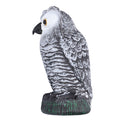 Plastic hunting owl decoy for outdoor gardens and yards, used as a pest deterrent and garden ornament.