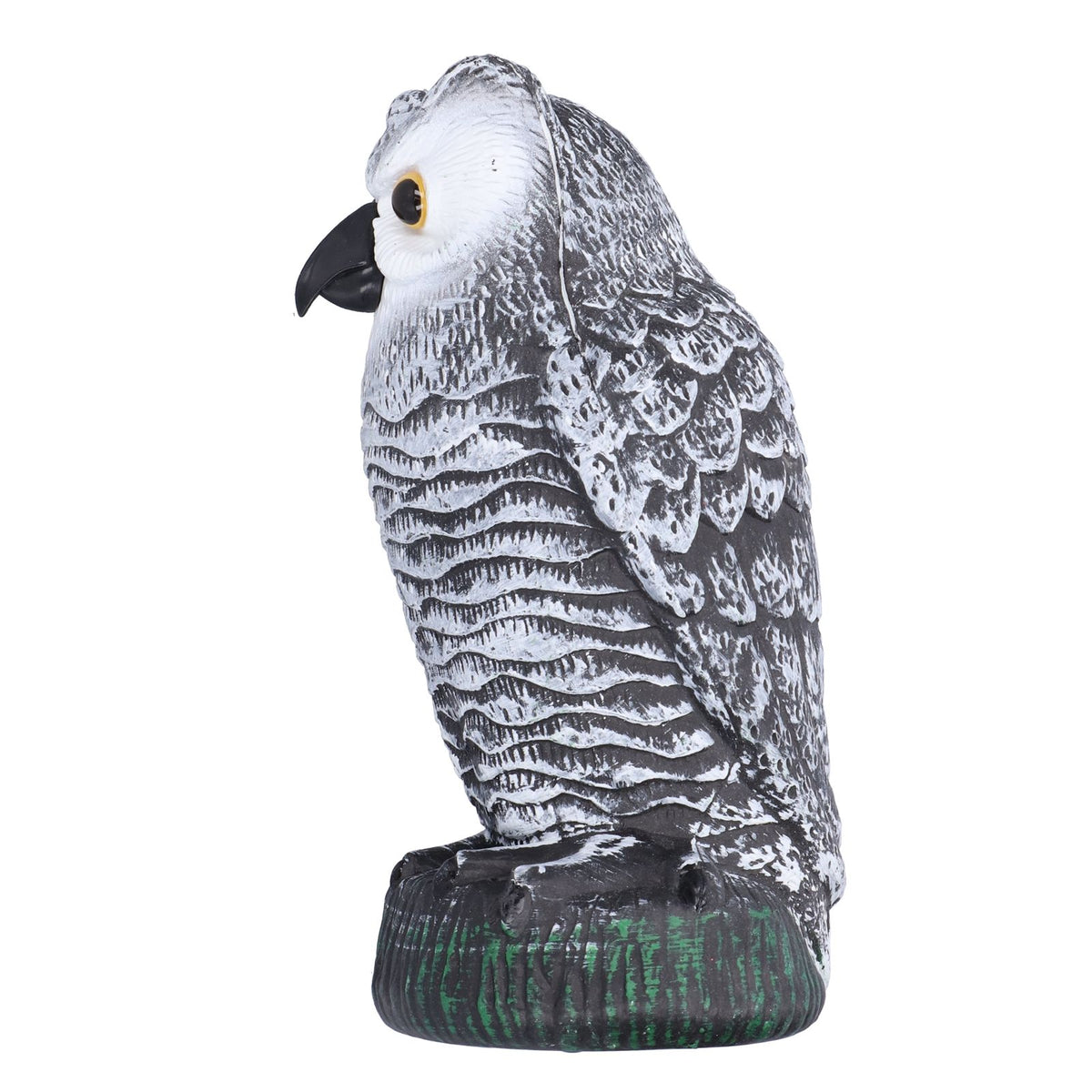 Plastic hunting owl decoy for outdoor gardens and yards, used as a pest deterrent and garden ornament.