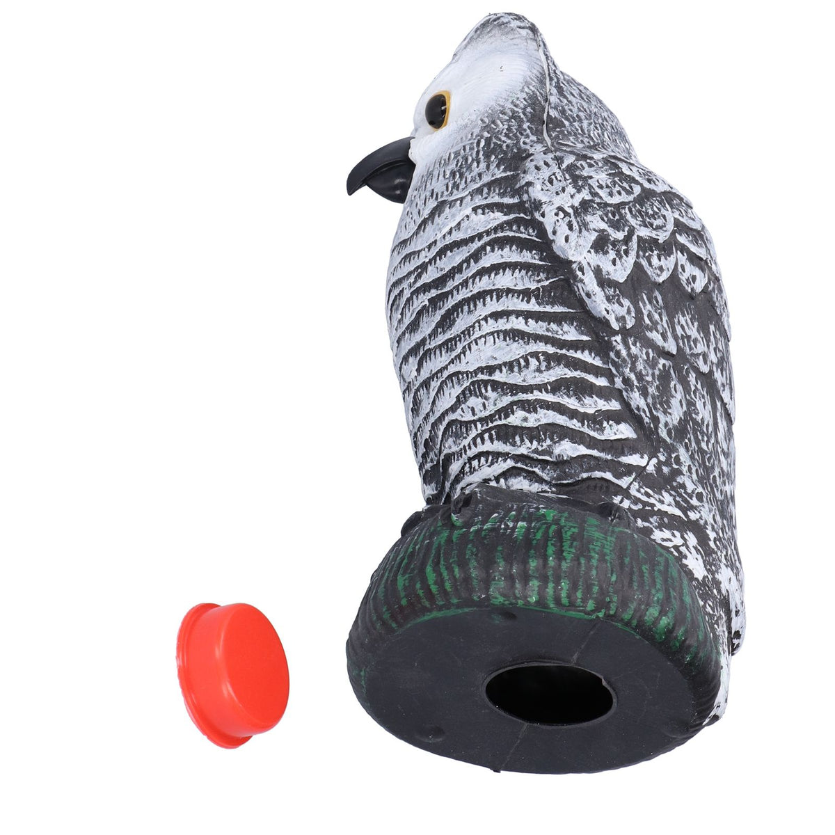 Plastic hunting fake owl decoy for outdoor gardens, designed to deter pests and protect yard plants.