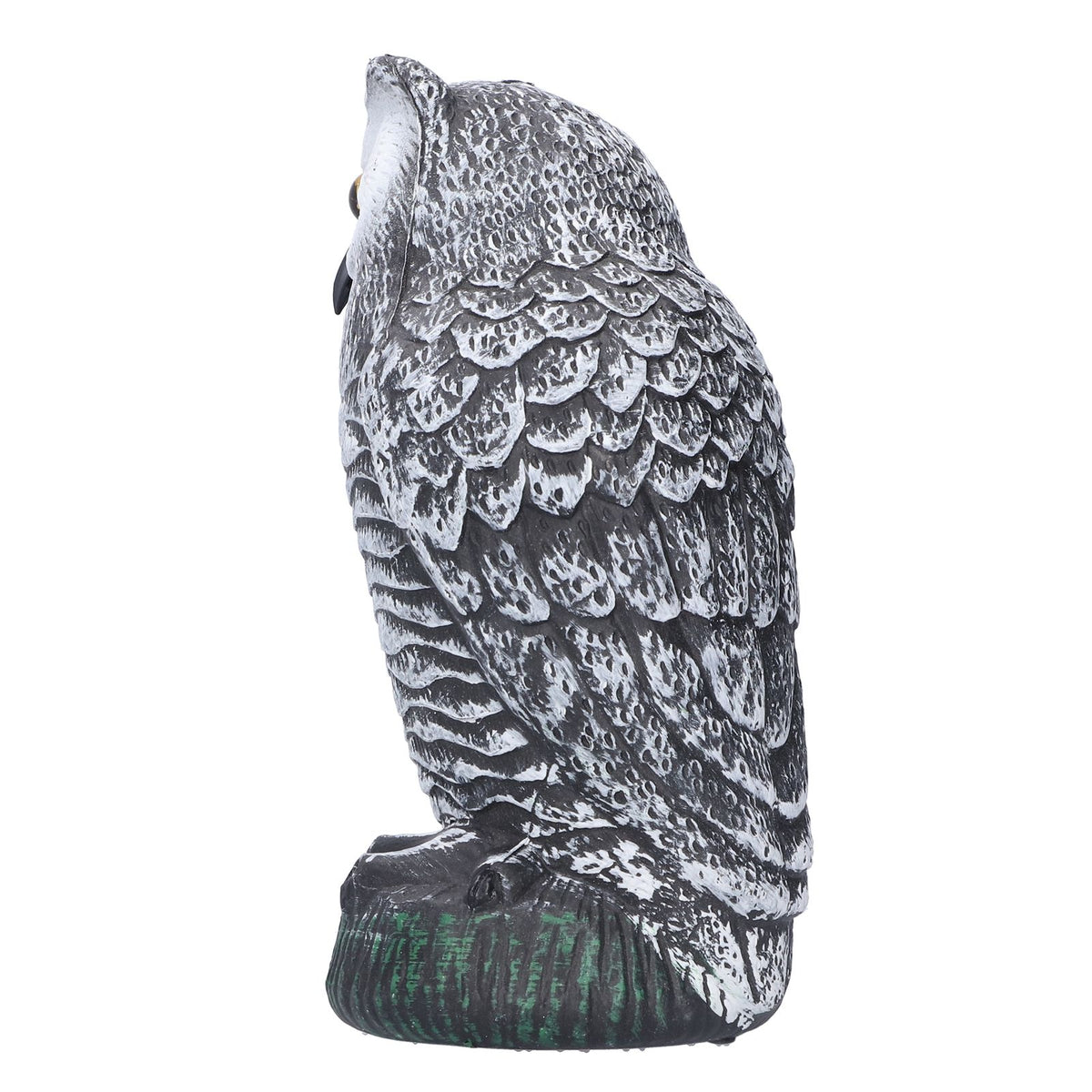 Plastic hunting fake owl decoy for outdoor gardens, pest deterrent ornament, designed to scare away pests in yard and garden areas.