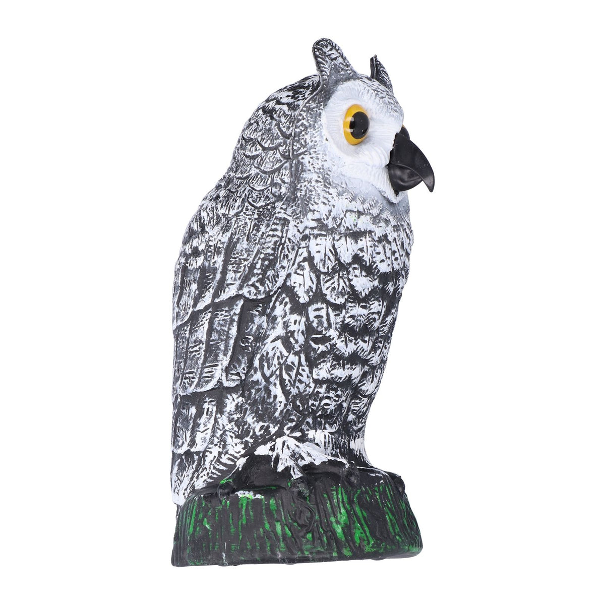 Plastic hunting fake owl decoy for outdoor gardens and yards, used as pest deterrent and garden ornament.