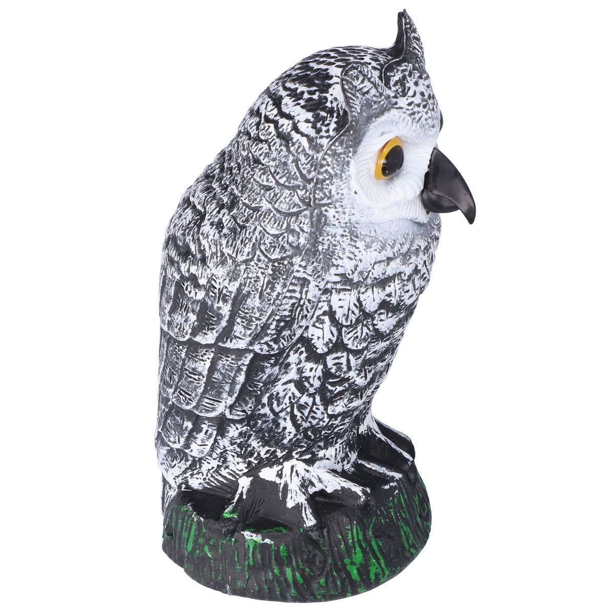 Plastic hunting owl decoy for outdoor gardens and yards, designed to deter pests and scare away birds.