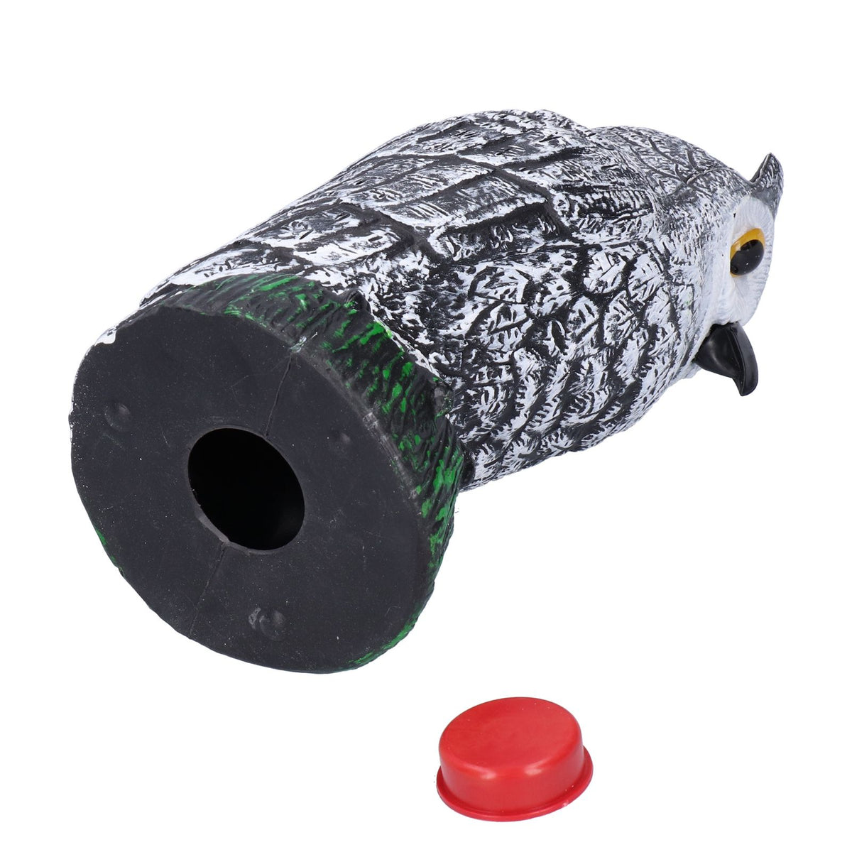 Plastic hunting fake owl decoy for outdoor gardens and yards, pest deterrent ornament, designed to scare away pests effectively.